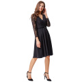 Kate Kasin Mujeres Atractivas Vintage retro largo Sheer Negro Lace manga V-cuello Aline vestido KK000485-1